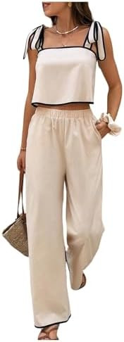 SOLY HUX Women's Summer Vacation 2 Piece Set Tie Shoulder Crop Top and Pants Travel Outfits | Amazon (US)