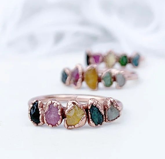 Rainbow Tourmaline Ring, Stackable Tourmaline Ring, Tourmaline Multi Stone Ring, Unique Tourmalin... | Etsy (US)