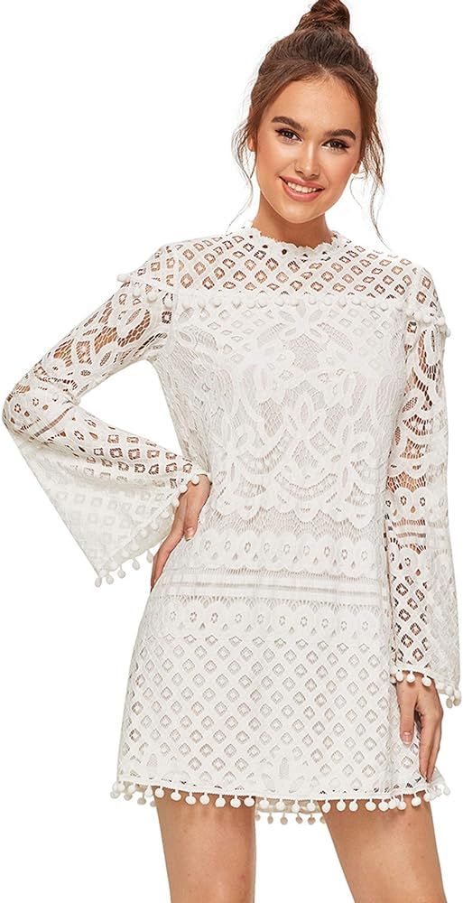 Women's Crochet Pom-pom Sheer Lace Bell Sleeve Dress | Amazon (US)