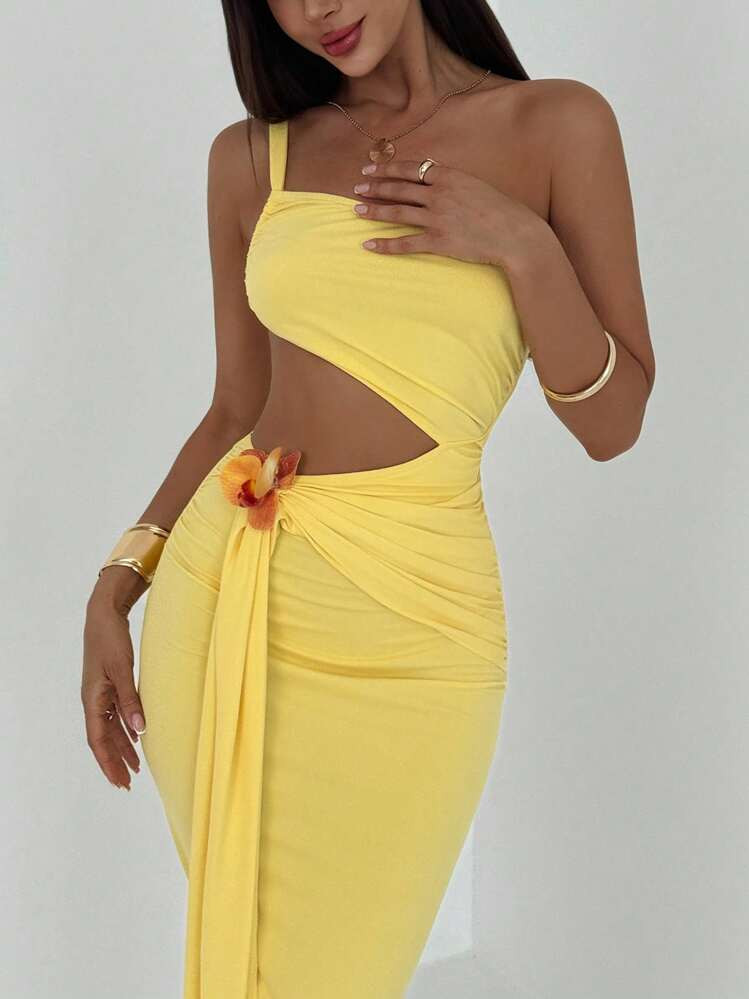 Aloruh Women's Summer Sexy Solid Color One Shoulder Hollow Ruched Draped Front Bodycon Dress | SHEIN