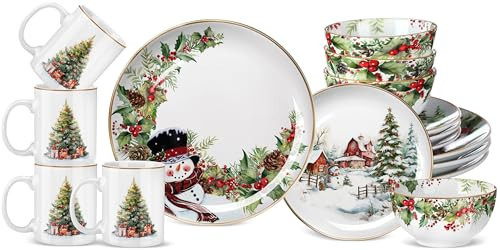16 Pcs Snowman Christmas Dishes Dinnerware Set of 4 Guest Holiday Dinner Plates Ceramic Vintage Christmas Salad Plates Holly Ivy Bowl Mug Serving Dishes Gift for Xmas Village Tree Kitchen Decoration | Amazon (US)