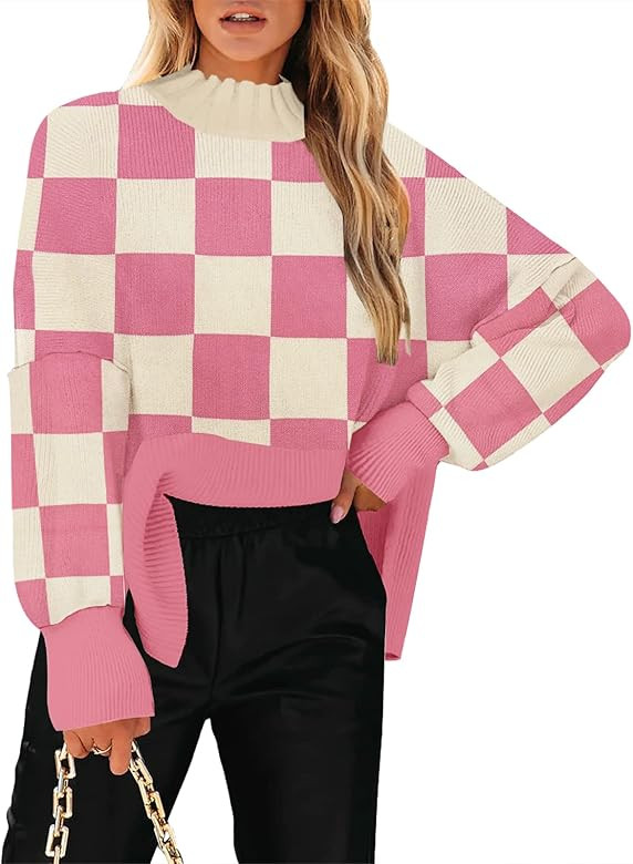 Women's Oversized Crewneck Sweaters Batwing Long Sleeve Side Slit Ribbed Knit Pullover Sweater To... | Amazon (US)