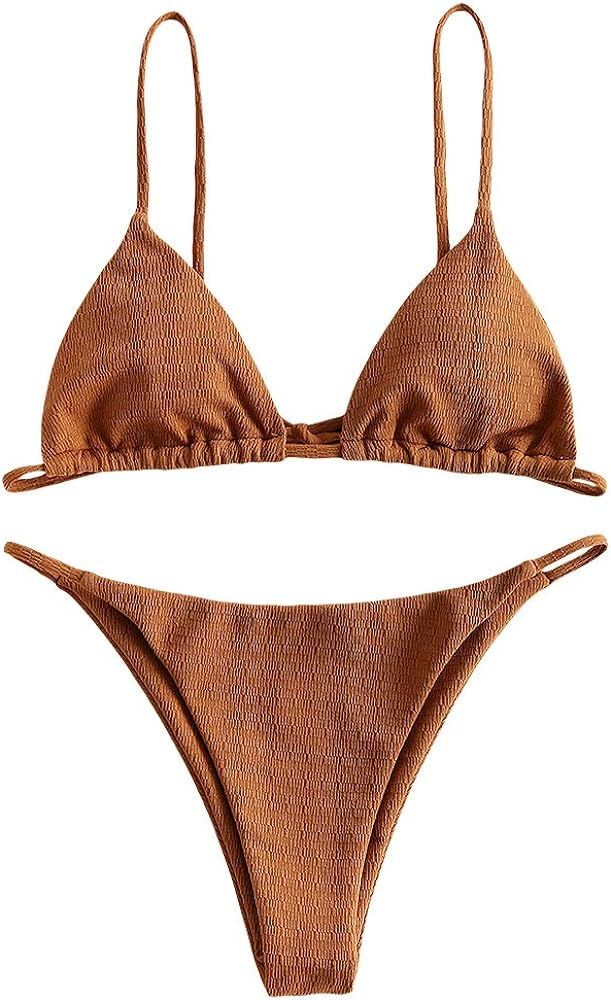 ZAFUL Women's Sexy Triangle Bikini Set Cami String Swimwear Texture High Cut Thong Swimsuit Amazon | Amazon (US)