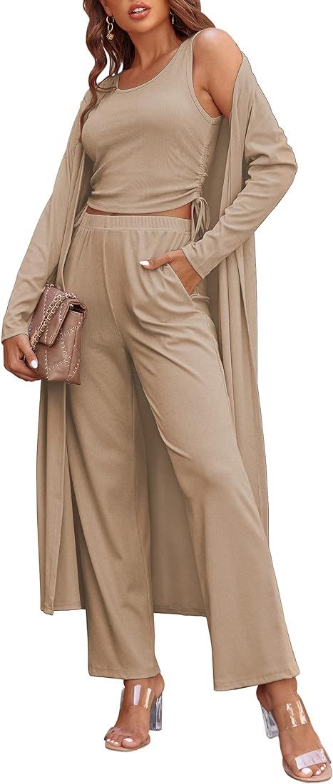 Ekouaer Womens Pajama Set 3 Piece Lounge Set Drawstring Side Tank Top Long Pant Tracksuit Sweatsuit  | Amazon (US)