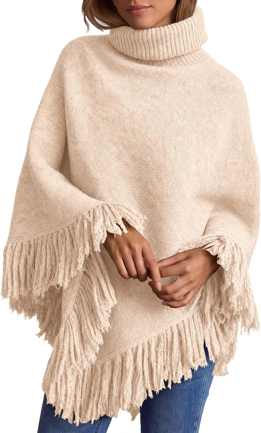 Saodimallsu Womens Fringe Turtleneck Poncho Sweater Wraps Cape Shawl Tops | Amazon (US)