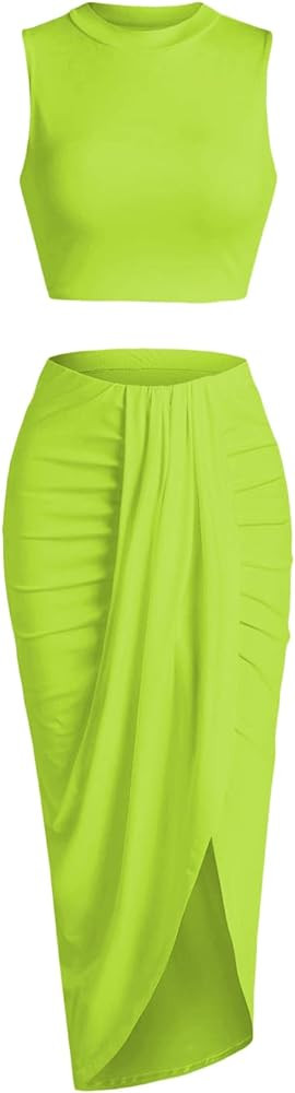 ZAFUL Women's Casual Sleeveless Summer Two Piece Outfits Crop Top and Side Split Draped Ruched Ma... | Amazon (US)