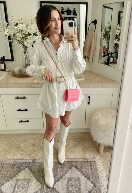 FASHION \ white country shirt dress🤠

Cowboy boots
Belt
Country concert 
Summer outfit  

#LTKStyleTip