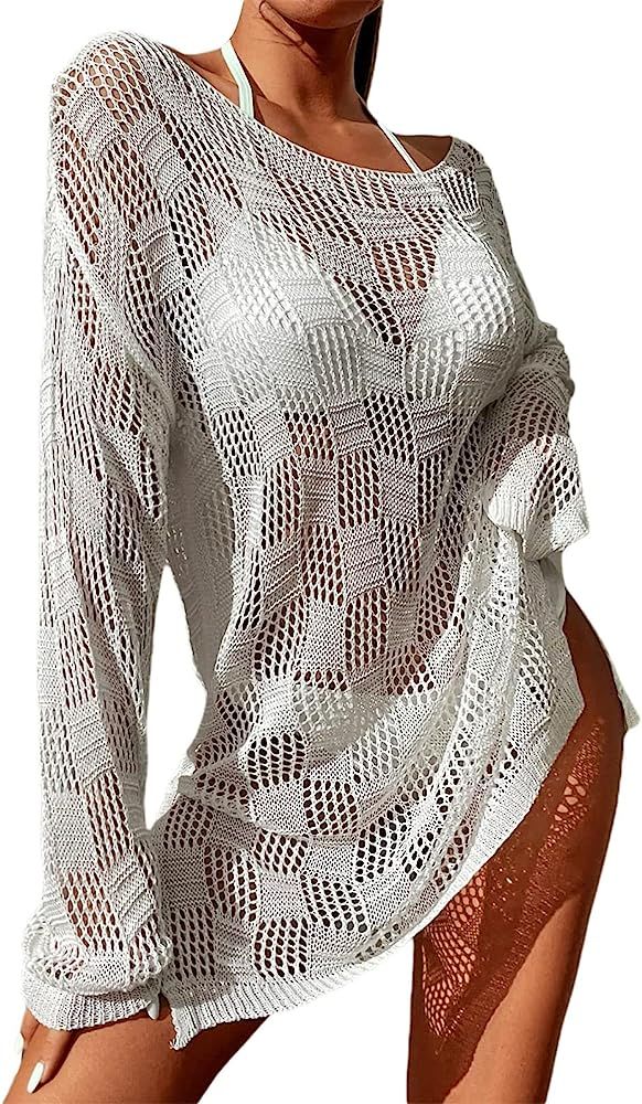 Andannby Crochet Hollow Out Bikini Cover-Ups for Women Long Sleeve Slit Hem Swimwear Cover Up Dre... | Amazon (US)