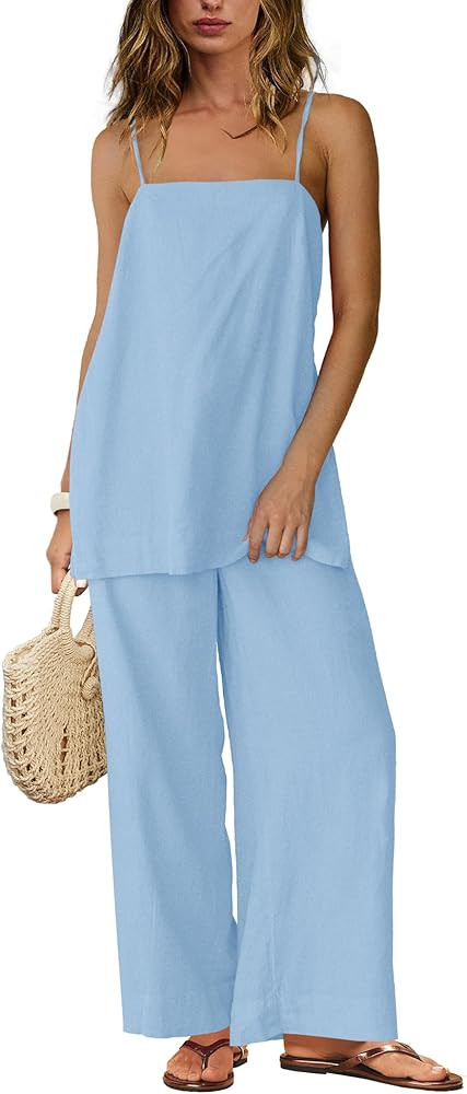 Yanekop Linen Sets for Women 2 Piece Pants Summer Outfits Matching Lounge Sets Spaghetti Strap Ta... | Amazon (US)