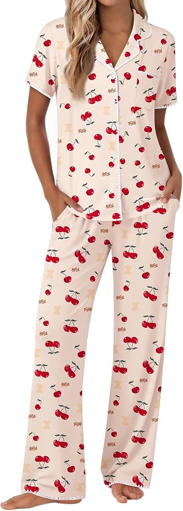 Ekouaer Pajamas for Women Set Button Up Soft Pjs Short Sleeve 2 Piece Lounge Sets Comfy Sleepwear | Amazon (US)