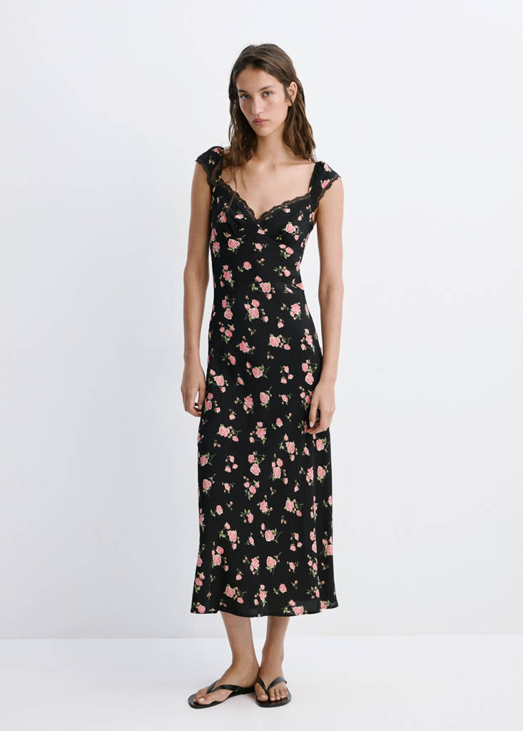Floral dress with lace trim black - Women - 16 - MANGO | MANGO (UK)