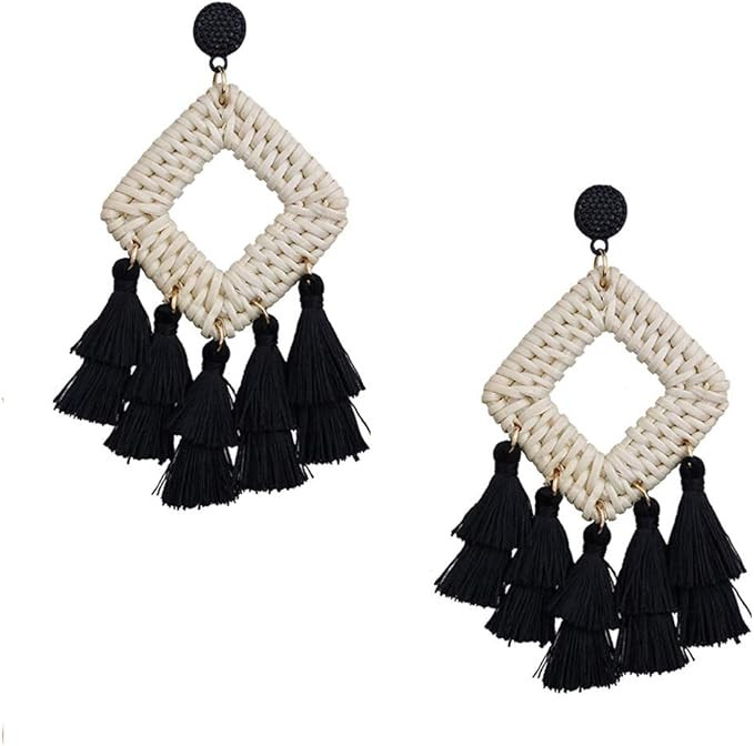 Handmade Long Tassel Earrings Rattan Knit Fringe Geometric Square Round Statement Dangle Drop Ear... | Amazon (US)