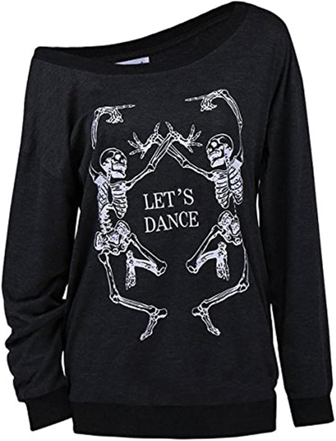 LuFeng Women's Christmas Halloween Off Shoulder Skeleton Printing Funny T-Shirt Long Sleeve Sweat... | Amazon (US)