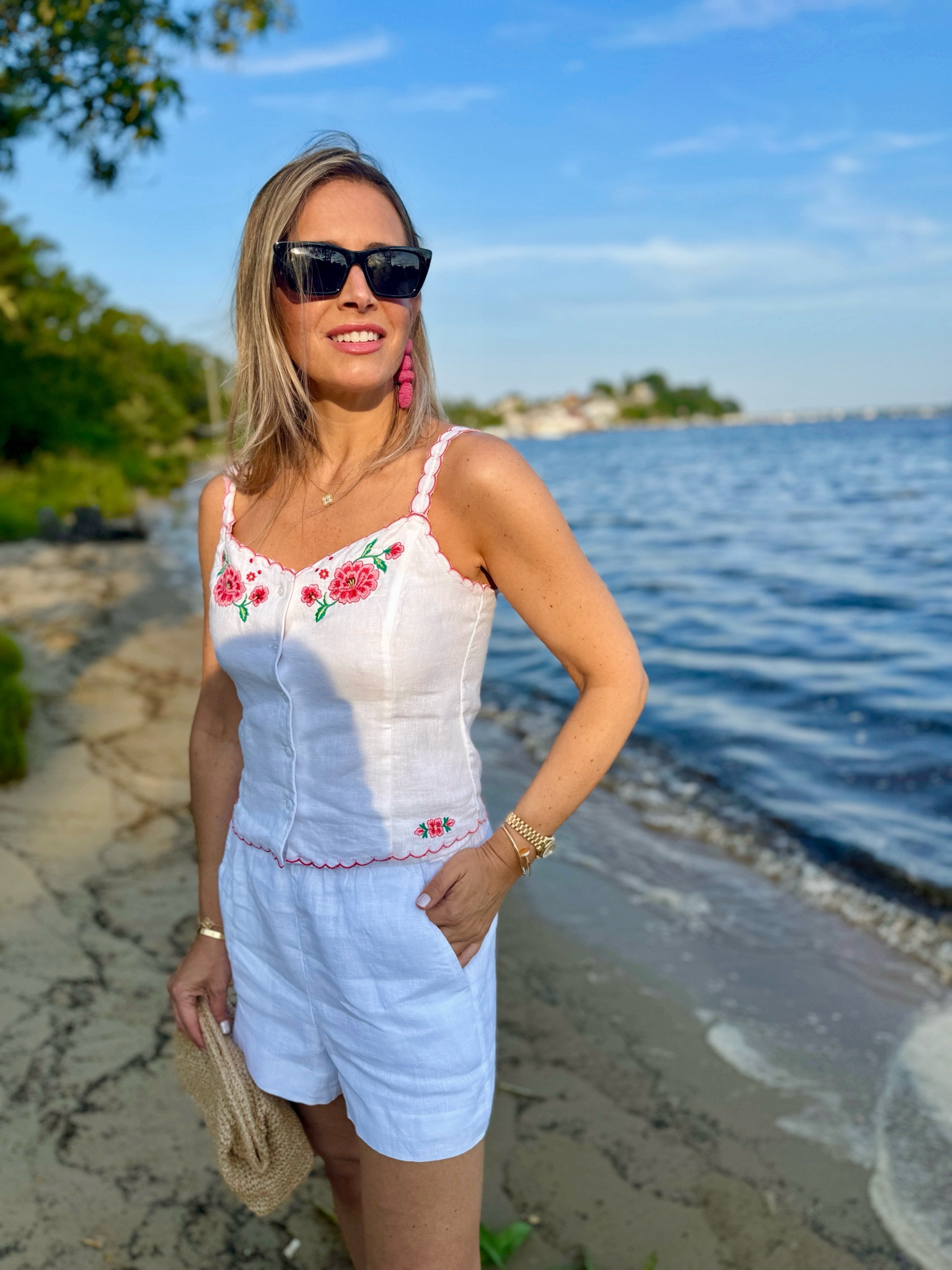 When the temperature is this hot, 🥵 an easy linen set like this is everything. I love this embroidered floral top 🌺 with its charming scallop details. Bonus — it’s adjustable with hidden button for the perfect strap length. The best part is almost everything is on sale right now! Also, check out these cutie comfortable raffia sandals.

#LTKOver40 #LTKSummerSales #LTKFindsUnder50
