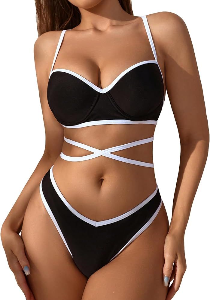 Women's 2 Piece Y2K Contrast Binding Crisscross Bikini Tie Side Triangle Set High Cut Bikini Swim... | Amazon (US)