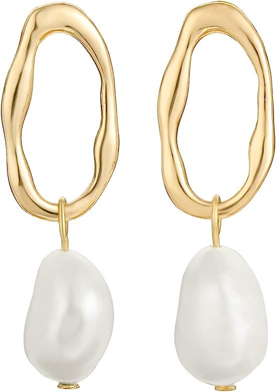 SPECCI Gold Pearl Drop Earrings, 18K Gold Plated Baroque Pearl Dangle Earrings Lightweight Hypoal... | Amazon (US)