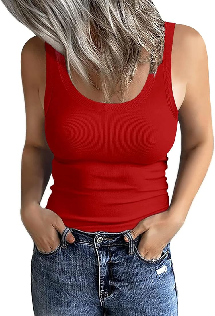 GEMBERA Women's Sleeveless Scoop Neck Ribbed Tank Tops Fitted Basic Cami Tee Shirts | Amazon (US)