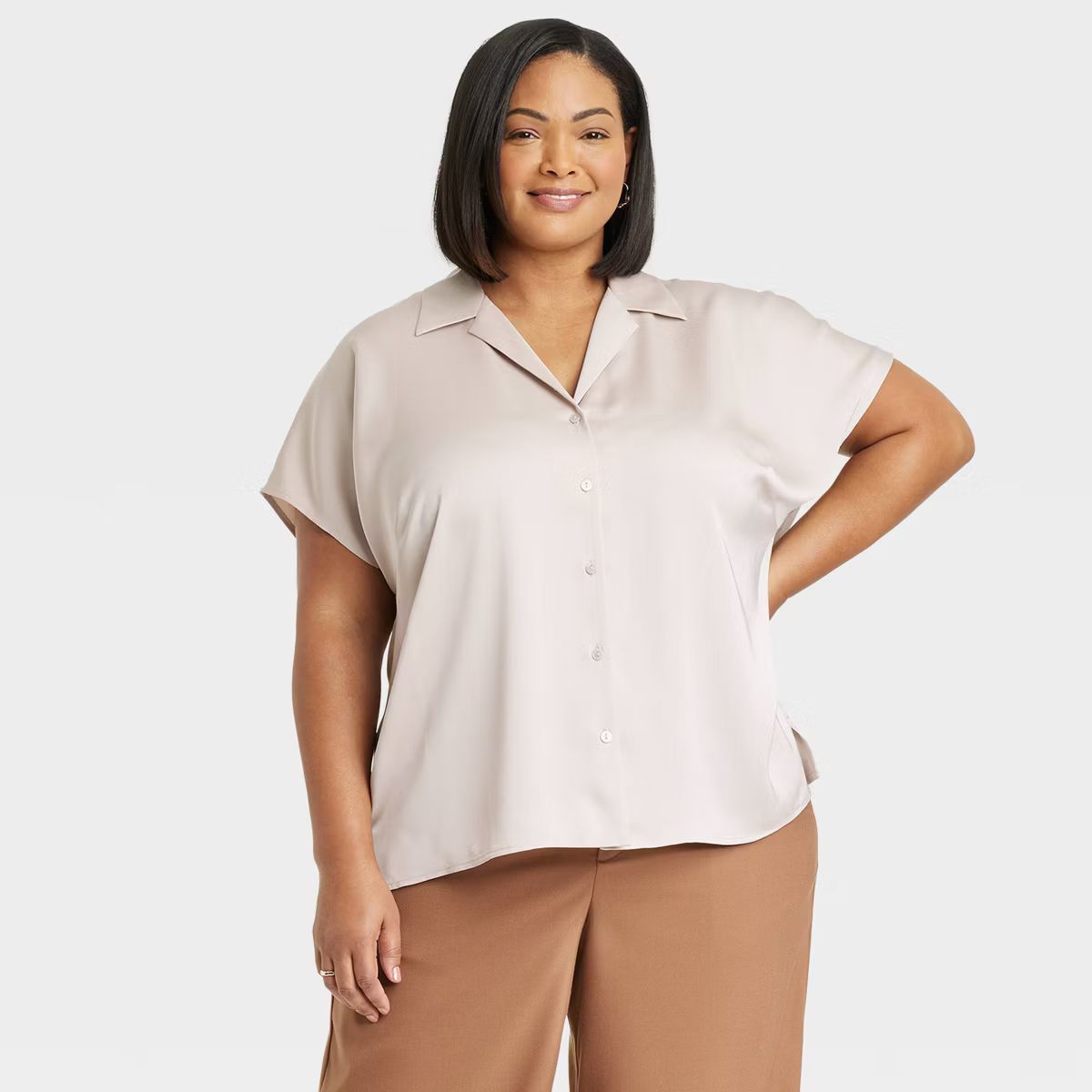 Women's Satin Short Sleeve Button-Front Shirt - Ava & Viv™ | Target