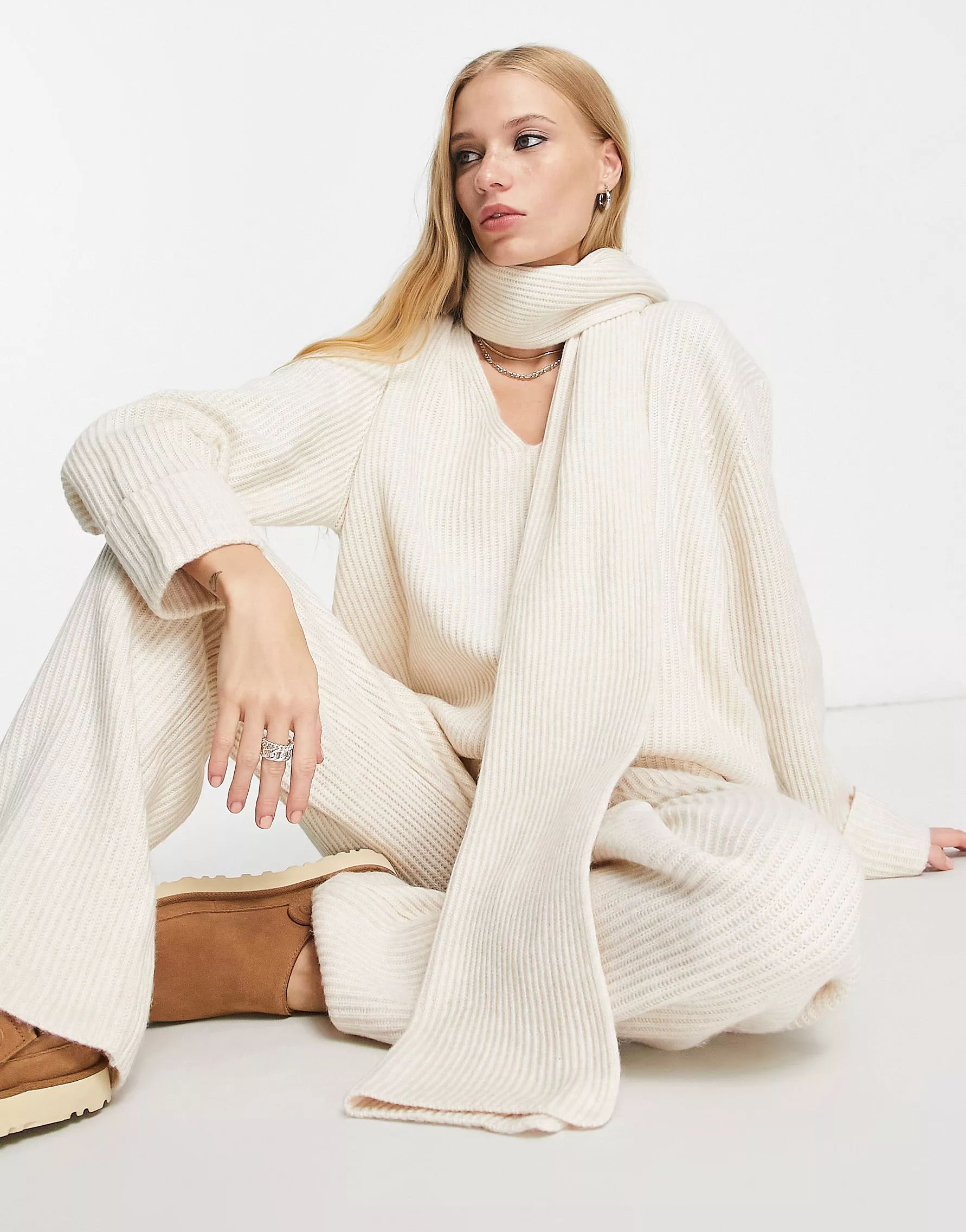 4th & Reckless jumper with scarf and knitted trousers co-ord in cream | ASOS (Global)