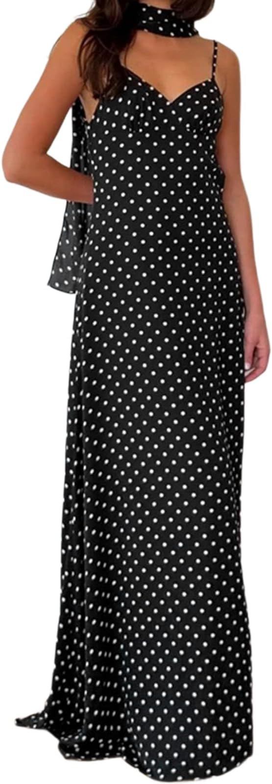 Women's Polka Dot Sling Maxi Dress Sexy Deep V-Neck Backless Slim Fit Scarf Summer Cocktail Date ... | Amazon (US)