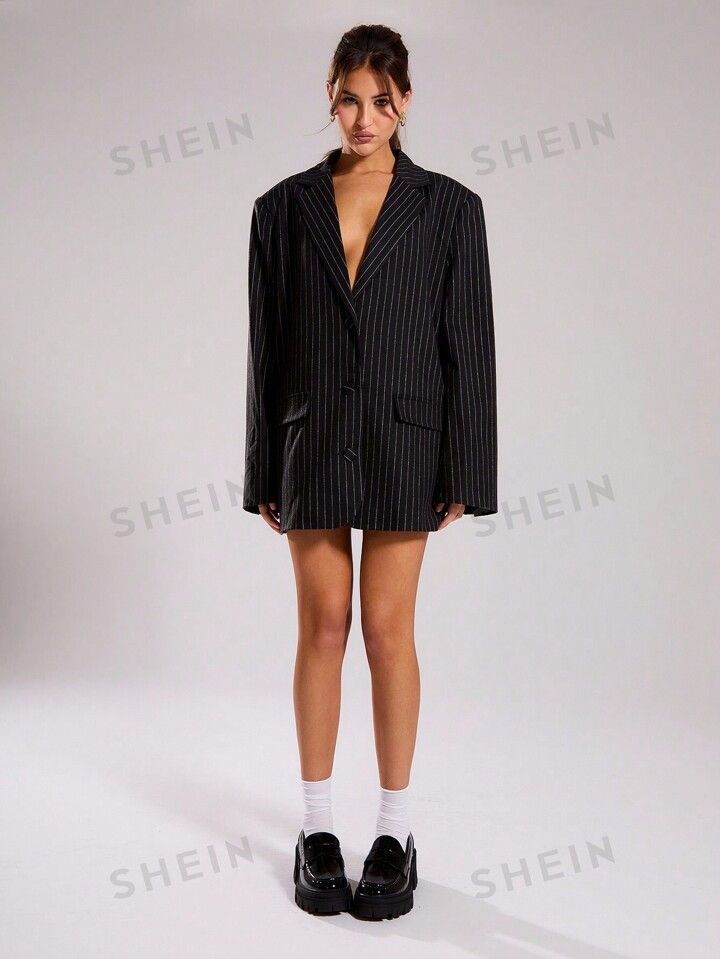 MUSERA Pinstripe Extreme Oversized Blazer Dress | SHEIN