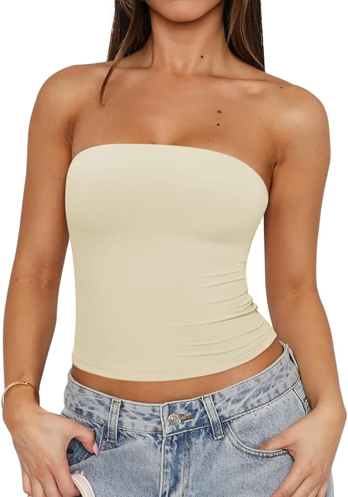 REORIA Women's Y2K Strapless Backless Tube Top Double Lined Sleeveless Crop Tank Top for Summer 2... | Amazon (US)