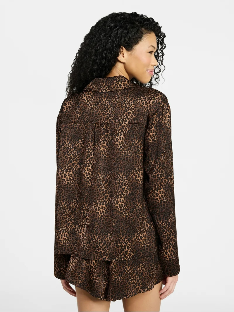 No Boundaries Sleepwear Satin Long Sleeve Button-Up Top and Shorts Set, 2-Piece, Women’s XS-XXL | Walmart (US)