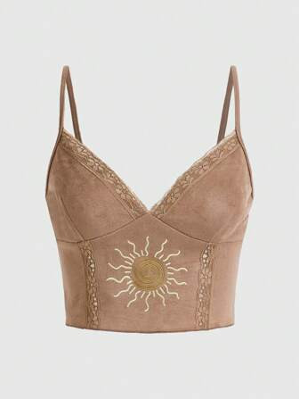 ROMWE Hippie Cami Top mit Sonne Grafik Kontrast Spitzen, | SHEIN