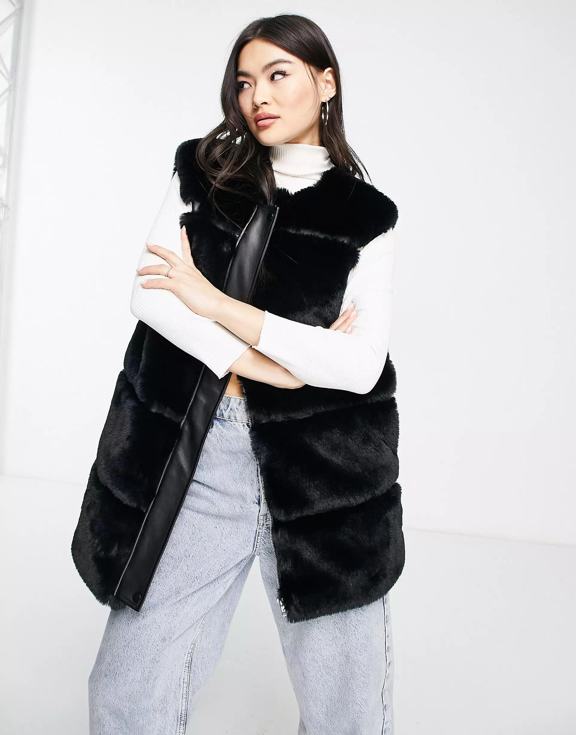 Urban Code faux fur longline vest with faux leather panels in black | ASOS (Global)