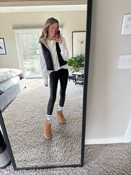 Casual weekend outfit 
Spanx faux leather leggings and platform Ugg boots 
Amazon puffer vest
