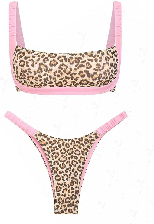 seamoly Contrast Color Red Gingham Spliced High Leg Cheeky Bikini Set | Amazon (US)