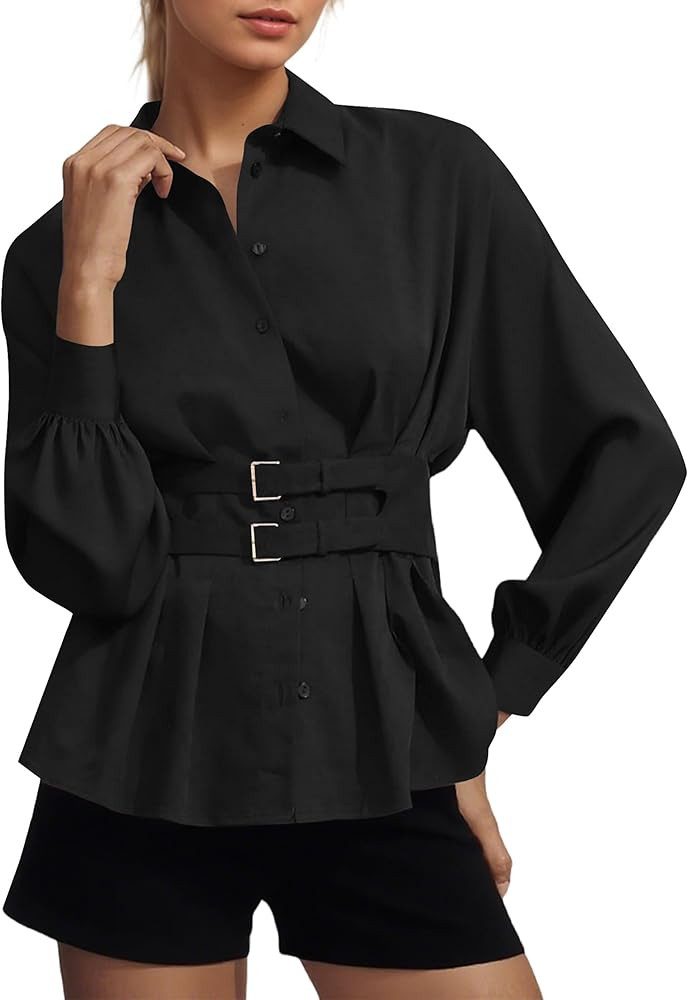 Women Long Sleeve Button Down Shirts Double Buckle Cinched Waist Lapel Collar Blouse Pleated Back... | Amazon (US)