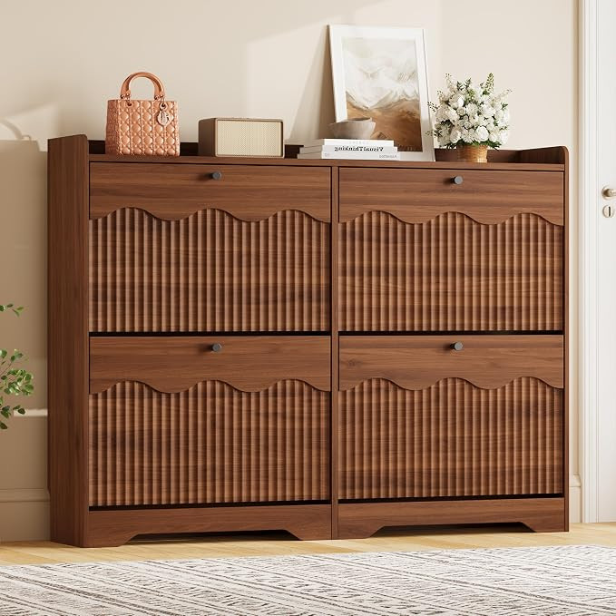 BORNOON Wide Shoe Storage Cabinet with 4 Flip Drawers and Modern Wave-Edge Fluted Panels, Slim Sh... | Amazon (US)