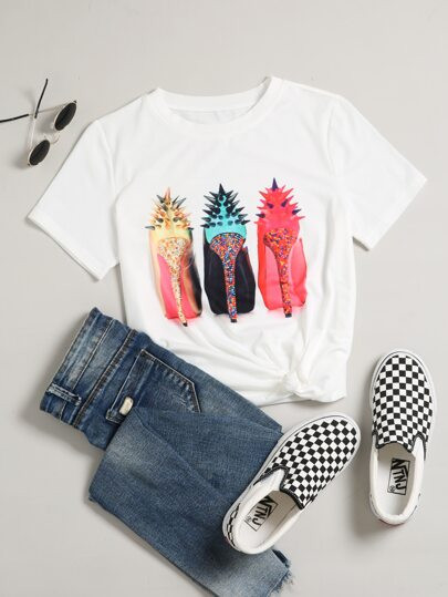 High Heels Print Short Sleeve Tee | SHEIN