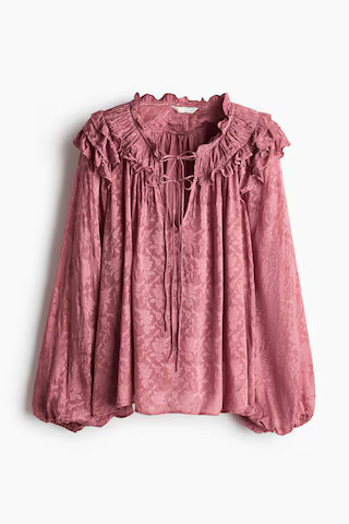 H & M - Ruffle-Trimmed Tie-Detail Blouse - Dark Dusty Pink/Floral | H&M (US, CA, MX)