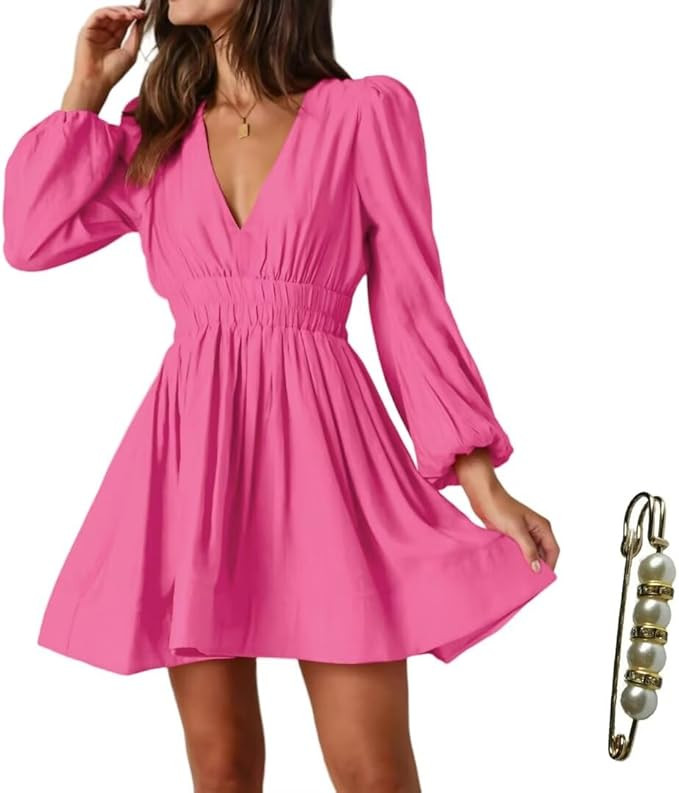 Women's Deep V Bubble Long Sleeve A-Line Dress High Waist Flowy Mini Dresses | Amazon (US)