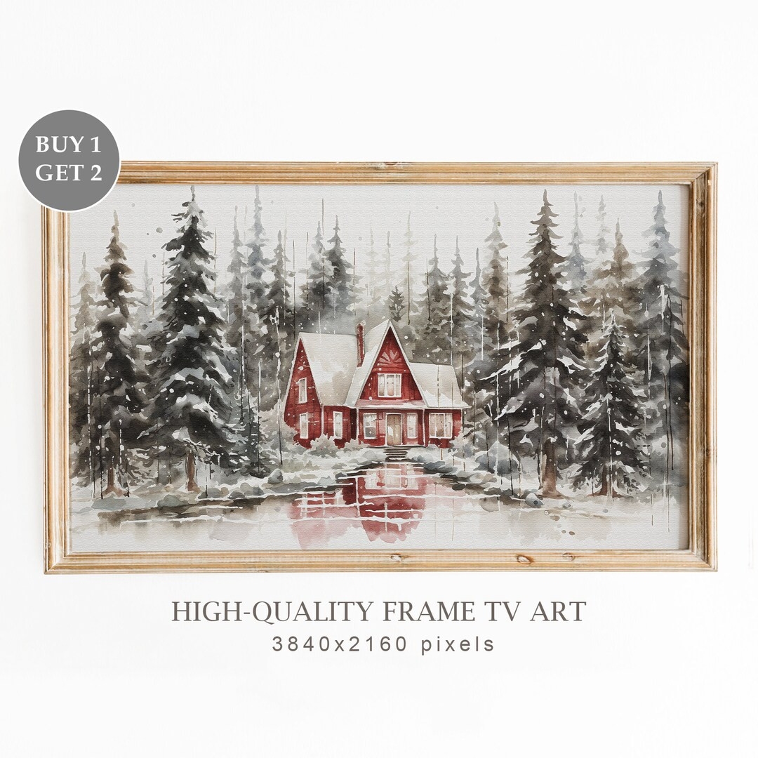 Winter Cottage TV Frame Art, Snowy Landscape Painting, Christmas Decor, Vintage Winter TV Art, Se... | Etsy (US)