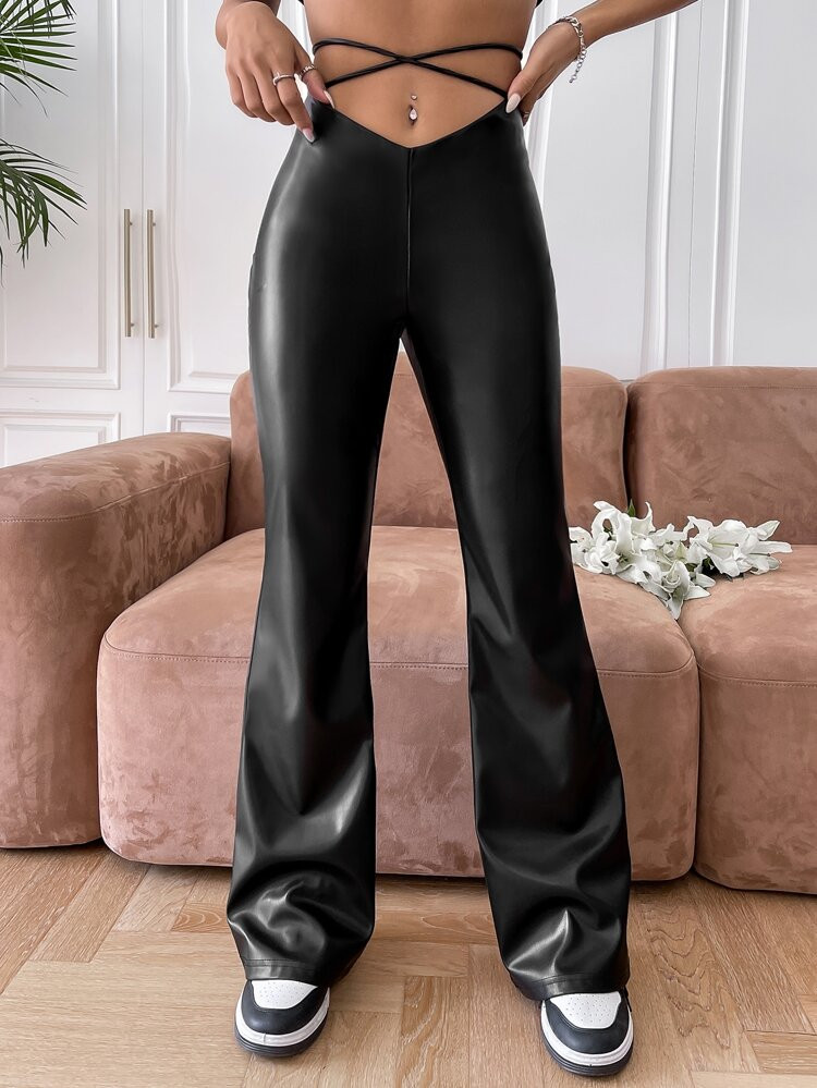 SHEIN EZwear Crisscross Tie Back PU Flare Leg Pants | SHEIN