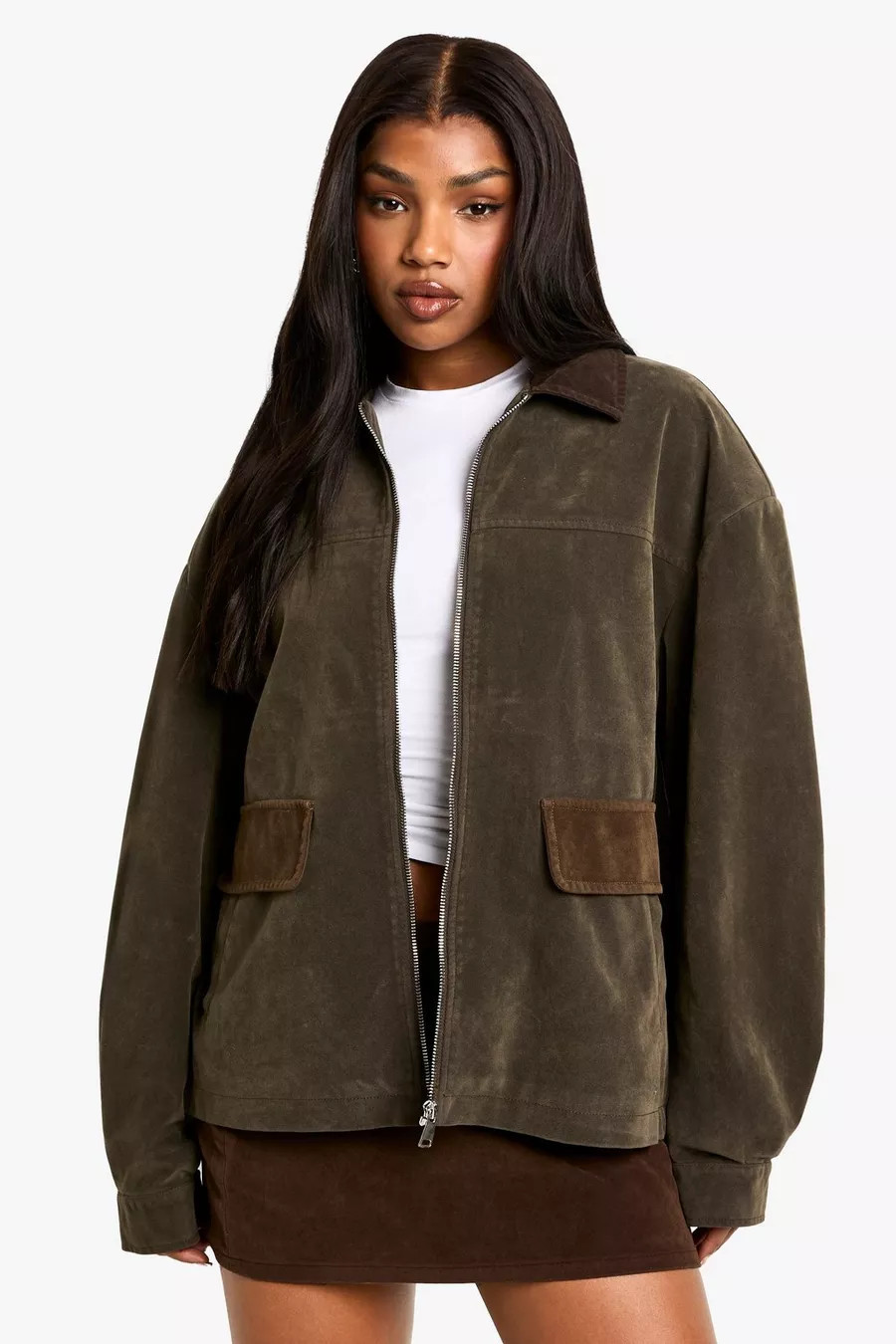 Suede Look Contrast Collar Barn Jacket | Boohoo.com (UK & IE)
