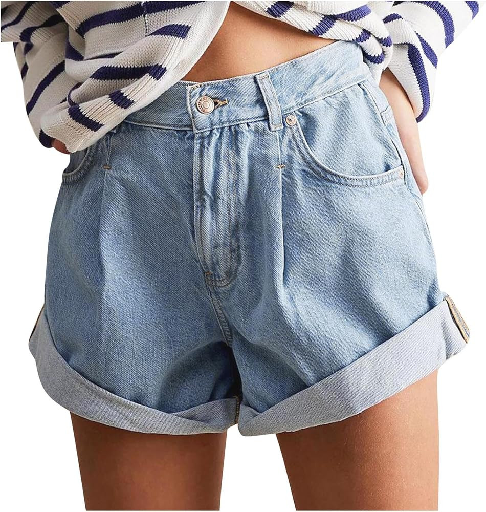 Womens Stretchy High Waisted Summer Beach Casual Trendy Rolled Hem Loose Fit Hot Short Jeans with... | Amazon (US)
