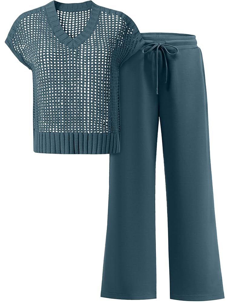 ANRABESS Women 2 Piece Lounge Sets Crochet Knit Sweater Vest Wide Leg Pants Summer Casual Travel ... | Amazon (US)