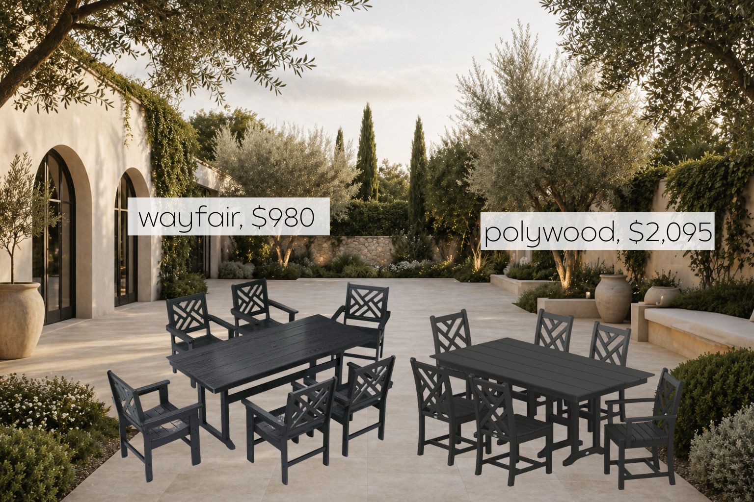 This outdoor dining setup is one of those finds that makes people do a double take. The POLYWOOD Chippendale 7-Piece Farmhouse Dining Set is over $2,000, but this POLYWOOD Chippendale 7-Piece Farmhouse Dining Set dupe from Wayfair gives you the same classic criss-cross chair design and timeless farmhouse look for under $1,000. I love that you still get that elevated, high-end feel without the price tag—perfect for creating a polished outdoor dining space that looks designer. It’s durable, clean-lined, and one of those pieces that instantly makes your backyard feel more put together. The best part? It's made with a poly material, so you're getting a very close, if not the same durability that Polywood offers. Linked both here. 

 #LTKSeasonal #LTKHome #LTKSaleAlert