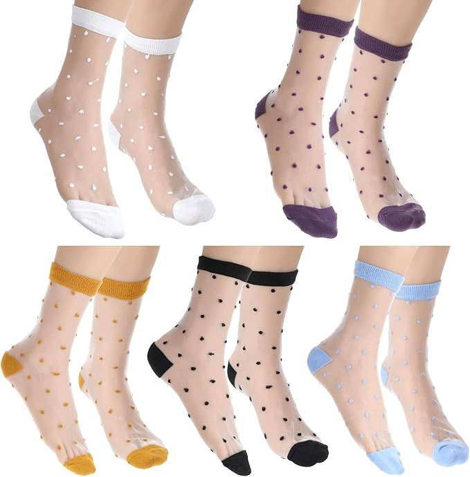 Yolev 5 Pairs Sheer Polka Dot Socks Ultra Thin Womens Sheer Sock Cute See Through Socks 5 Colors ... | Amazon (US)