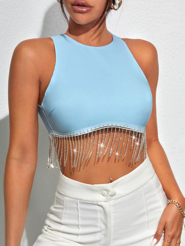 SHEIN BAE Rhinestone Fringe Zip Back Tank Top | SHEIN
