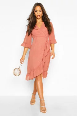 Dobby Chiffon Wide Sleeve Midi Wrap Dress | Boohoo.com (US & CA)