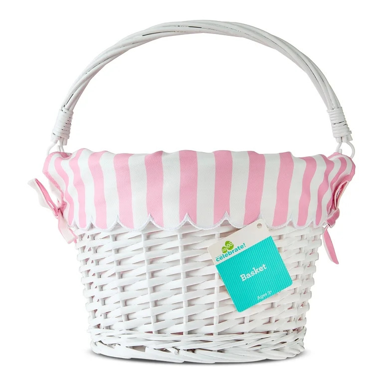 Round Willow Basket with Scalloped Stripe Liner, White and Pink, 11.5" x 8", Easter by Way To Cel... | Walmart (US)