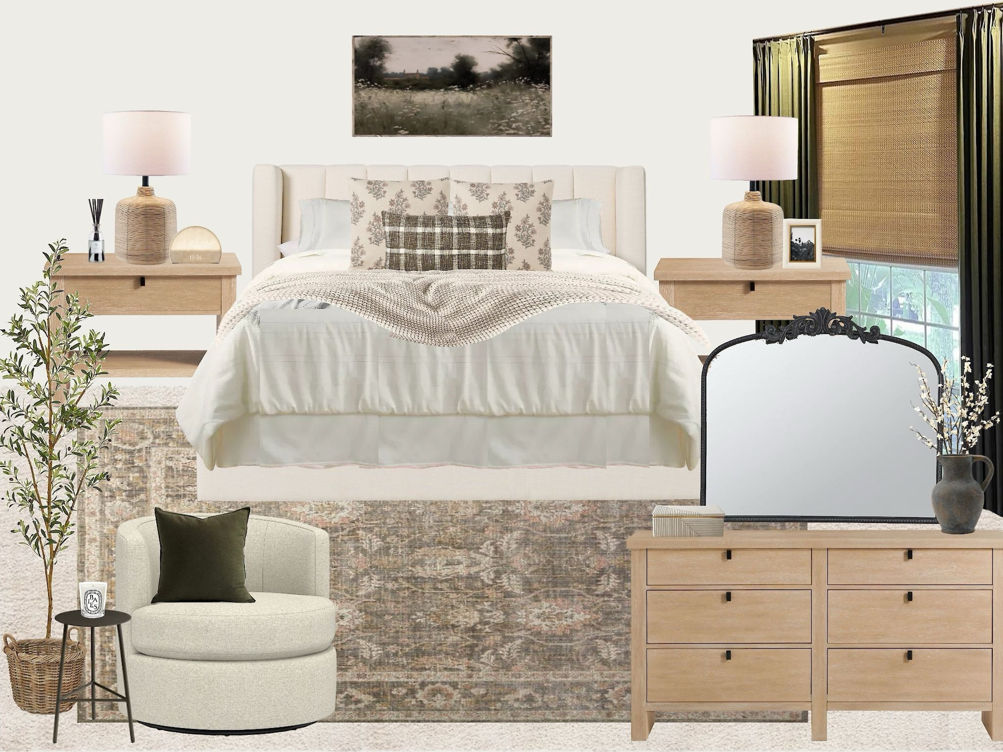 Neutral bedroom design with olive green accents 

#LTKHome