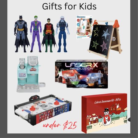 Gift ideas for kids under $25. Super villain and hero figurine set, tabletop chalk board, play doh kitchen set, laser tag game, tabletop air hockey, snowman kit. 

#LTKGiftGuide #LTKkids #LTKunder50