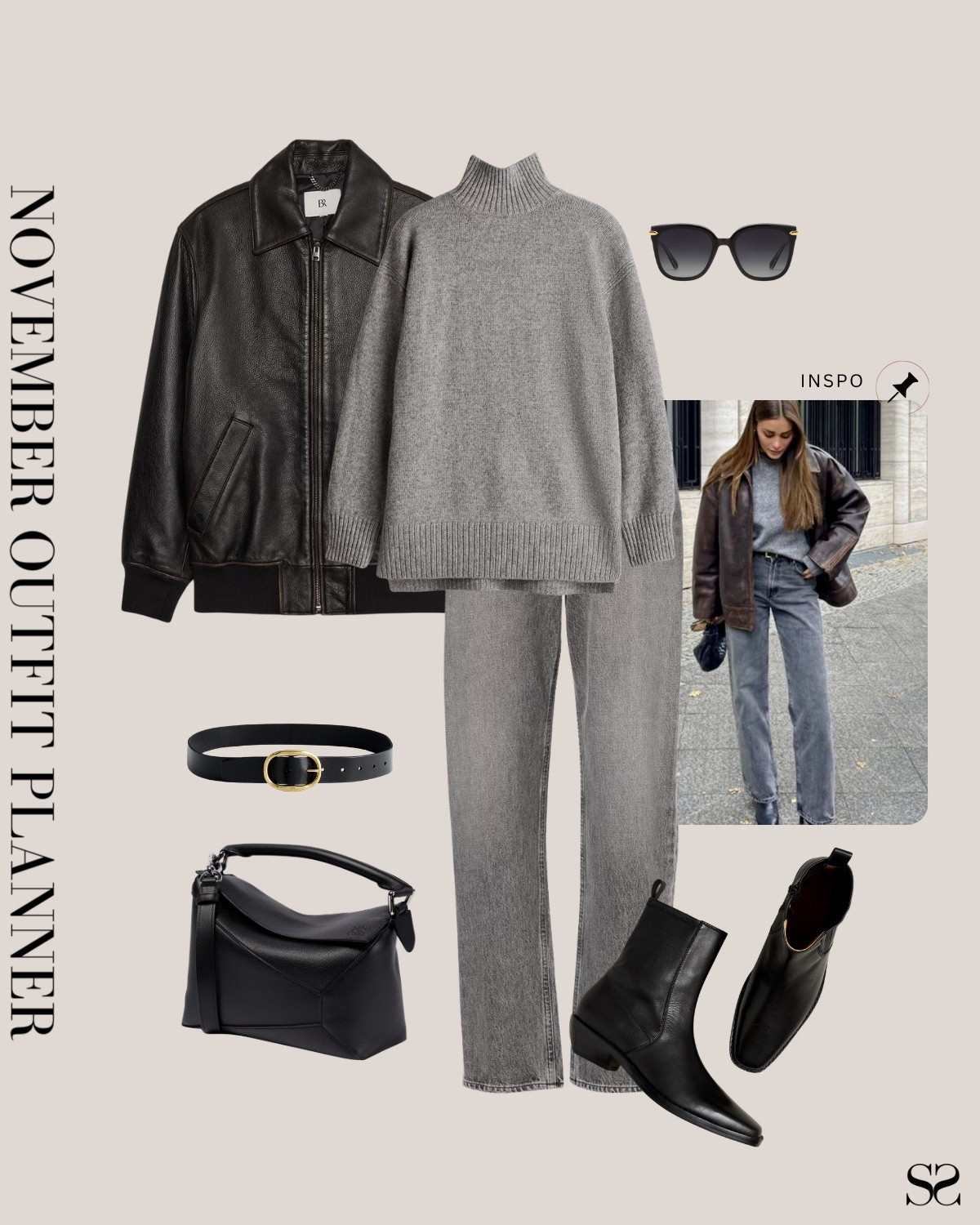 Monthly outfit planner NOVEMBER: Fall outfits | gray sweater, gray jeans, leather jacket, black boots

Image inspo credit: Pinterest

#falloutfit #classicstyle #monochrome 

#LTKSeasonal #LTKStyleTip