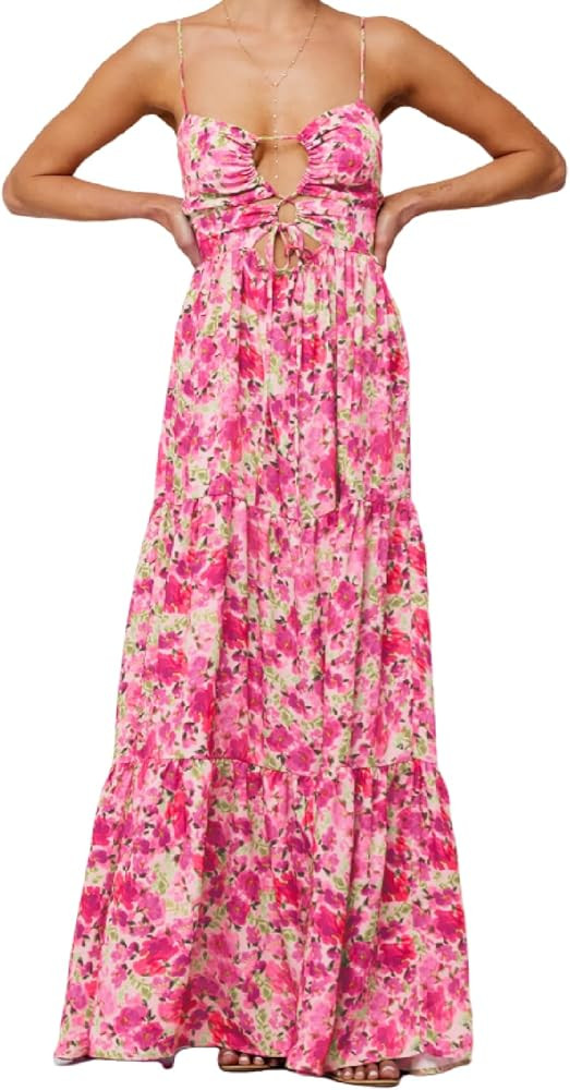 Summer Floral Sundress for Women Spaghetti Straps Hollow Out Tie Front Maxi Dress Flowy Smocked B... | Amazon (US)